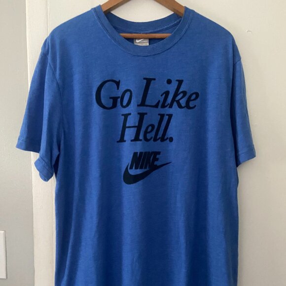 Vintage 90's Nike GO LIKE HELL Velvet Script Logo Men's T-Shirt Size 2XL Blue - Picture 1 of 6